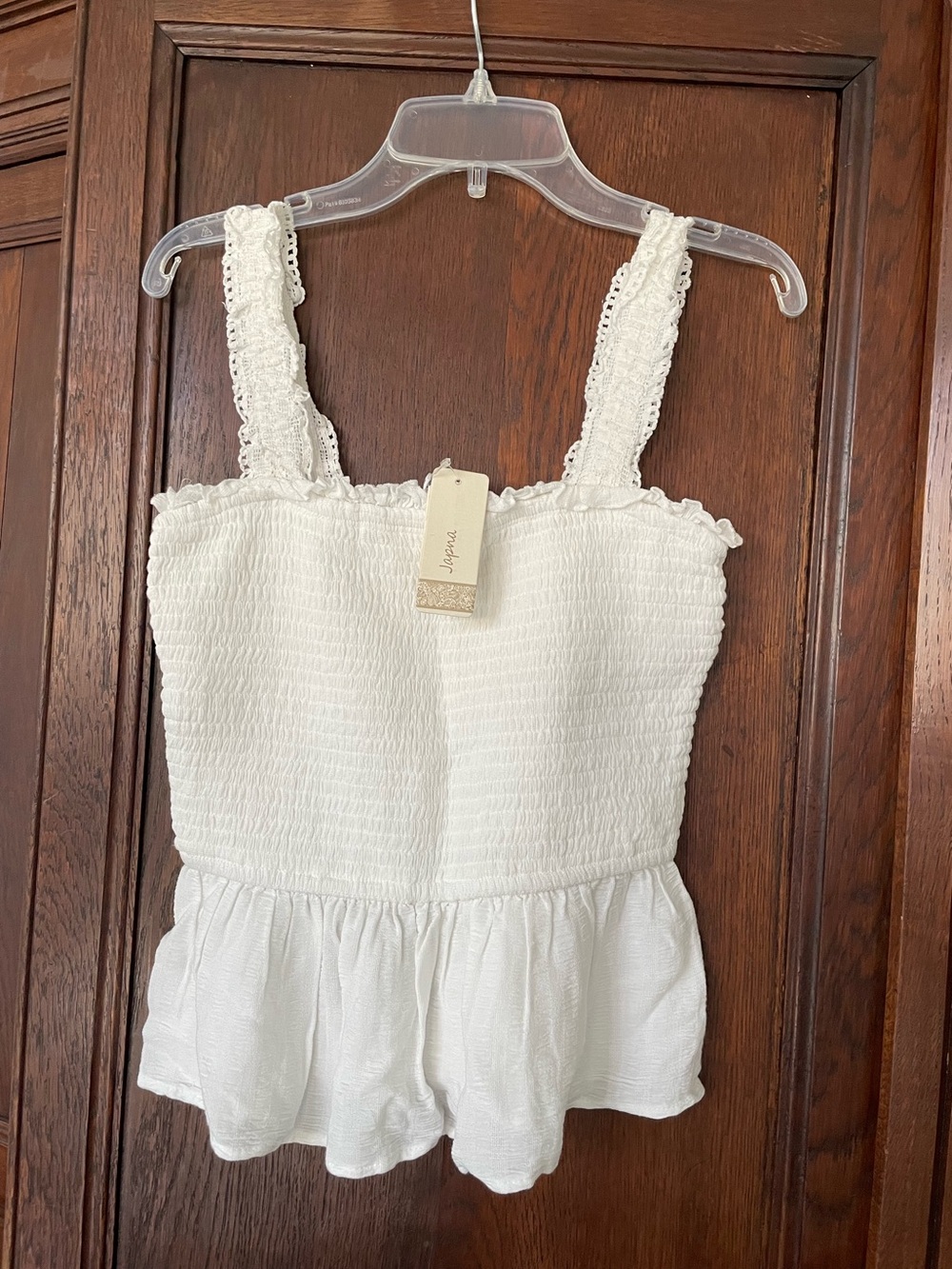 Japna White Sleeveless Top Smocked Corset Peplum Waist Tank NWT!